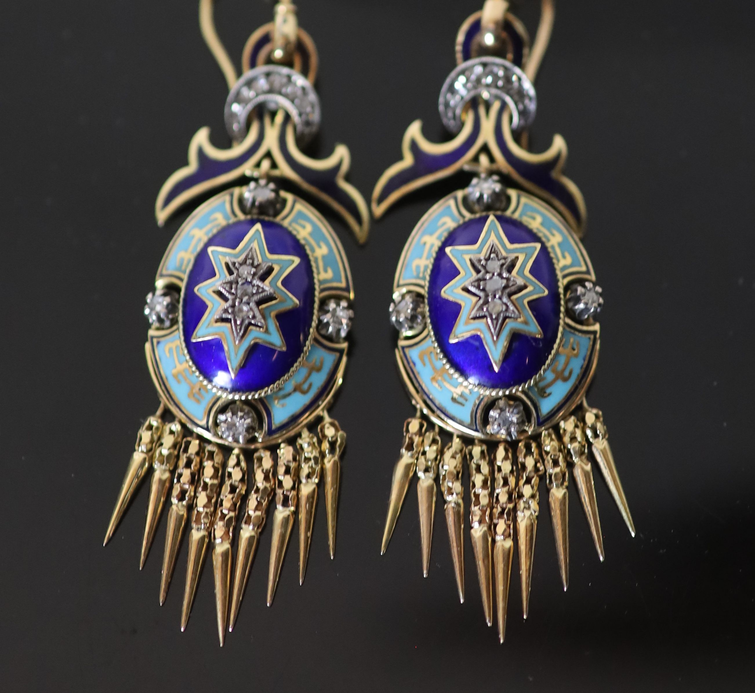 A pair of Italian 19th century style 14k gold (stamped 585), rose cut diamond and two colour enamel set oval tassel drop earrings,